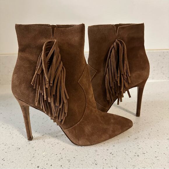 Jessica Simpson Fringe Brown Suede Pointed Toe Heeled Ankle Booties Boots 9M/40 - Picture 2 of 14